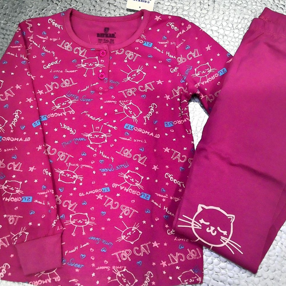 Girl Pink Pajama Set Cat Kitty Print